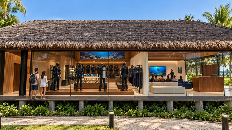 A glass showcase along the path: the Mares showroom