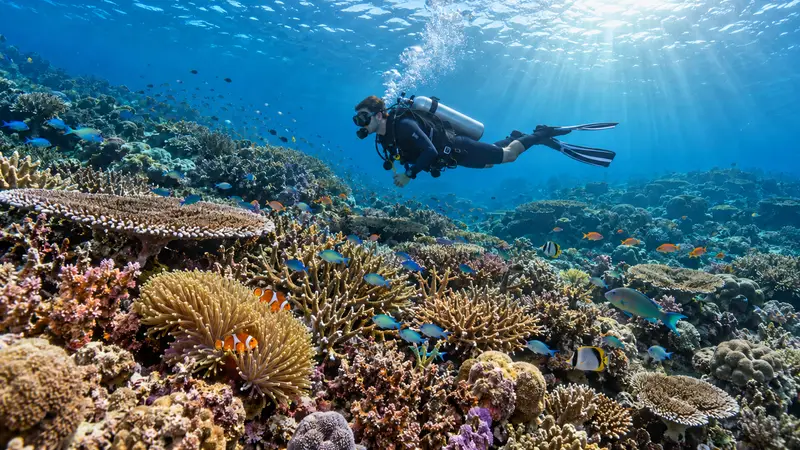 A diver over a coral garden