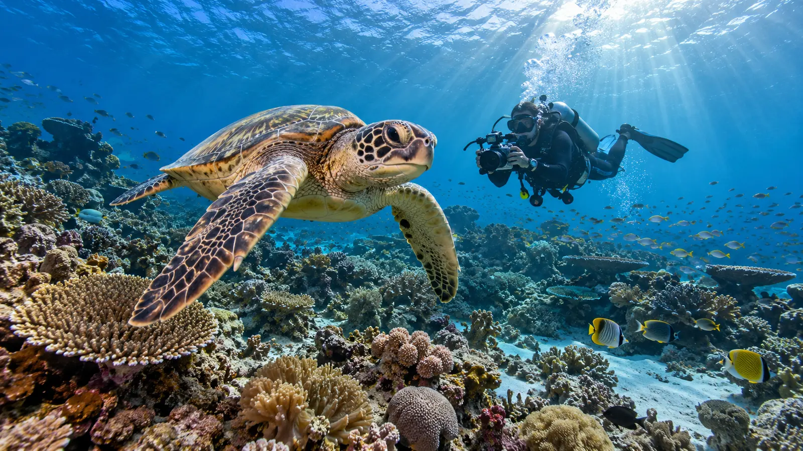 A diver and a sea turtle over the coral reef