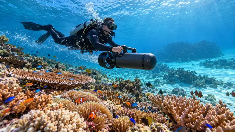 A diver on an underwater scooter over the reef
