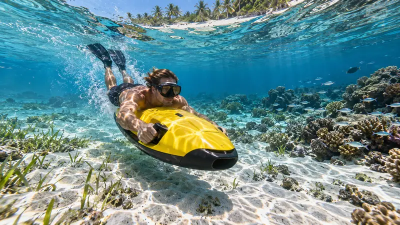 A scooter in the shallow lagoon
