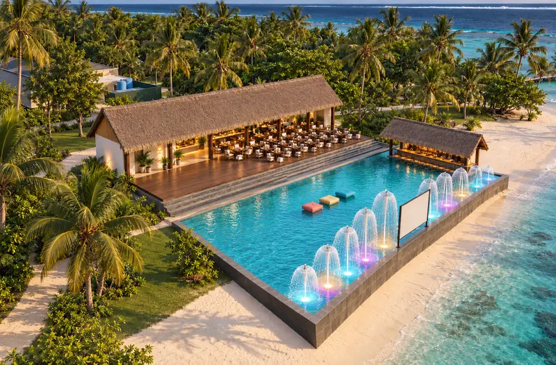 Restaurant and pool with fountain from above
