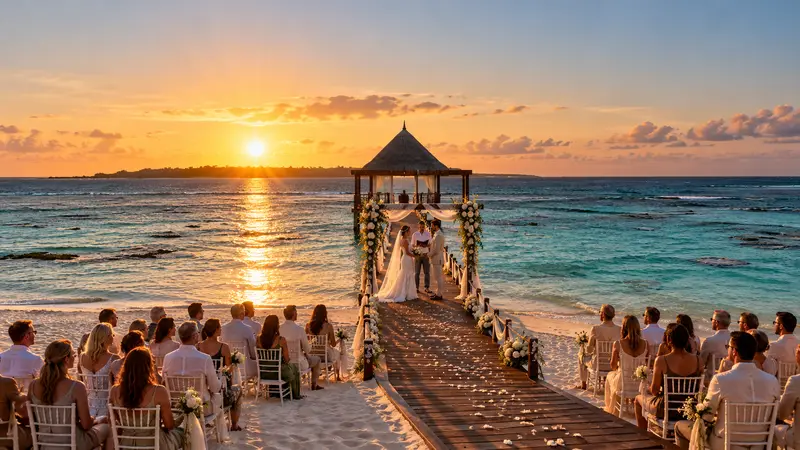 Wedding ceremony on the sunset pier