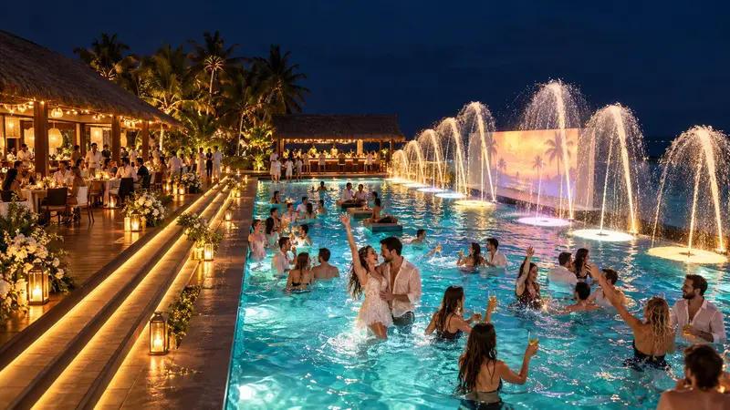 Evening party in the pool